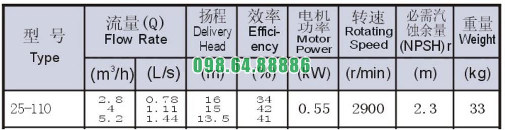 Bơm nước li tâm trục ngang động cơ 0.55 kw ISW25-110