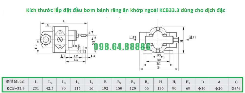 Bơm bánh răng KCB33.3 tốc độ 1400 vòng/phút công suất 3HP