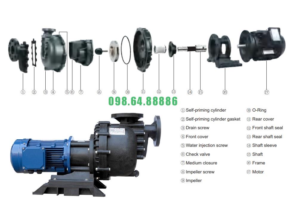 Bơm trục ngang hút axit, nước thải 1hp (0,75kw) 40012